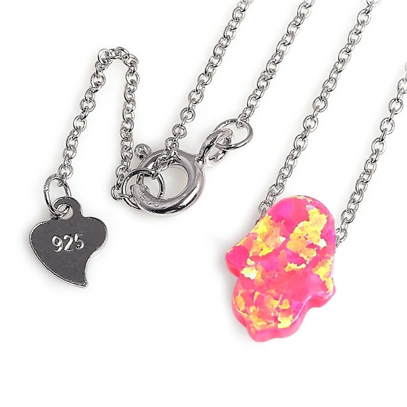 Kaletine Hamsa Hand of Fatima Necklace Sterling Silver Pink Synthetic Opal Pendant 11x13mm Cable Chain 16"/17"/18" - Image 2